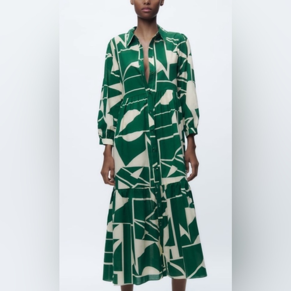 Zara Green and Cream Geometric Pattern Midi Dress